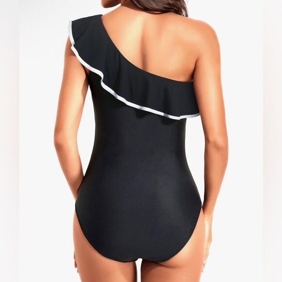 Tempt Me Women’s Black One Piece Swimsuit Tummy Control 1 Shoulder Ruffle M NWT - Picture 4 of 8